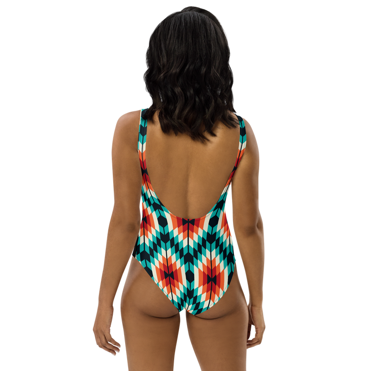 Teal and Orange Summer Azteca Print Ladies Swimsuit