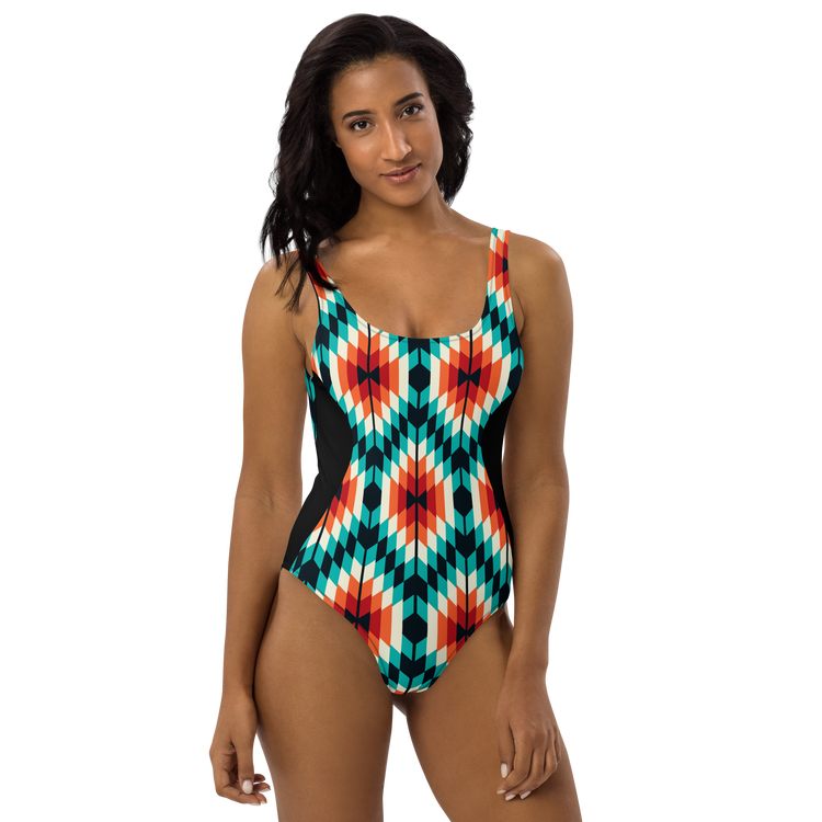 Teal and Orange Summer Azteca Print Ladies Swimsuit