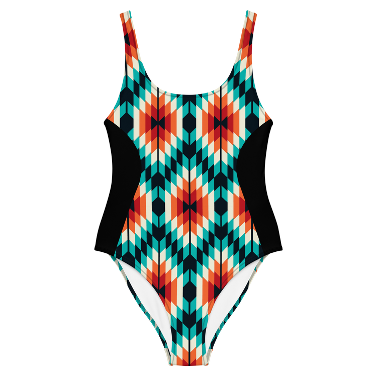 Teal and Orange Summer Azteca Print Ladies Swimsuit