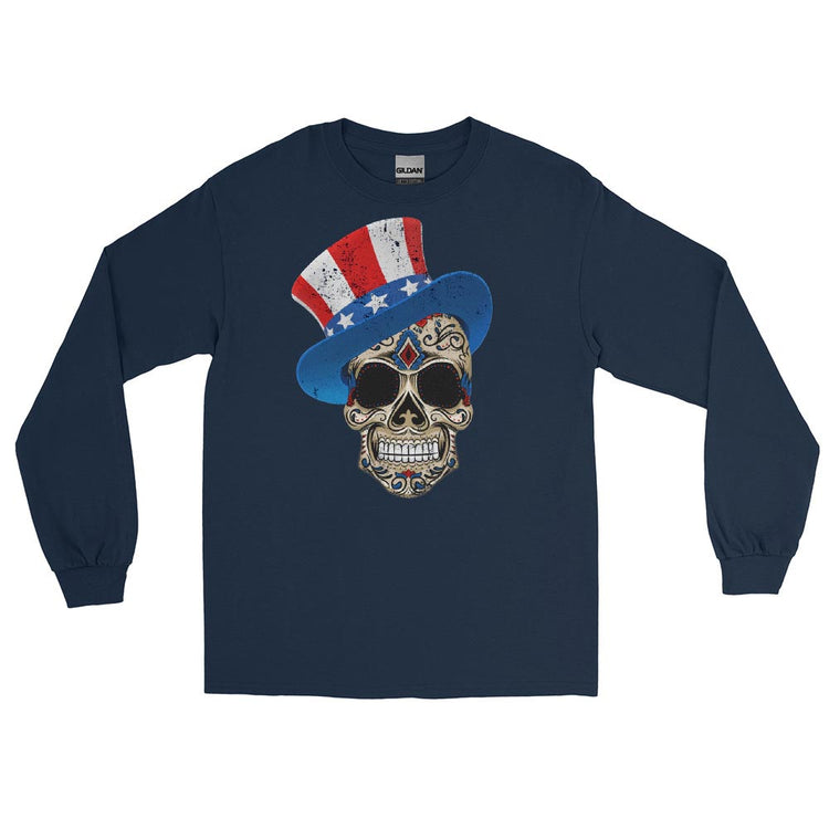 Men’s 4th Of July Star Spangled Sugar Skull Long Sleeve Shirt