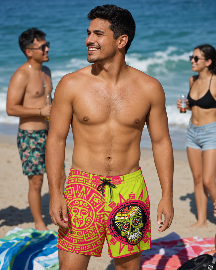 Neon Xiuhpohualli Calaca Board Shorts