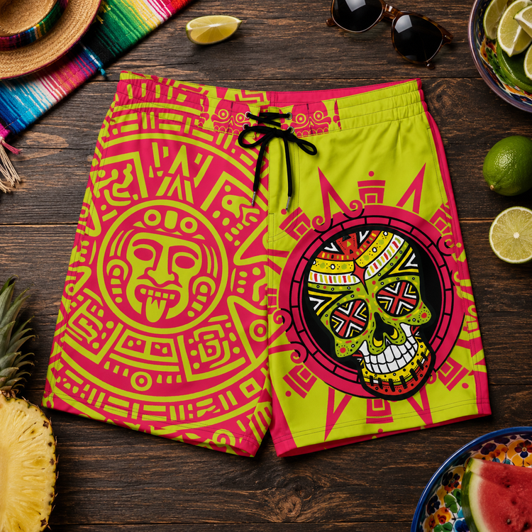 Neon Xiuhpohualli Calaca Board Shorts