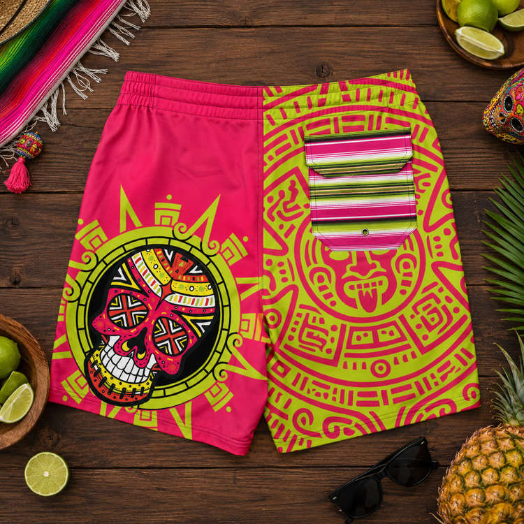 Neon Xiuhpohualli Calaca Board Shorts