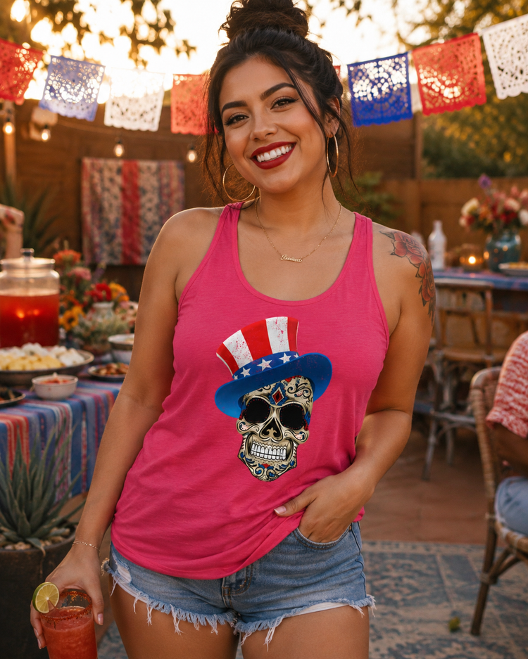 4th Of July Star Spangled Sugar Skull Racerback Tank