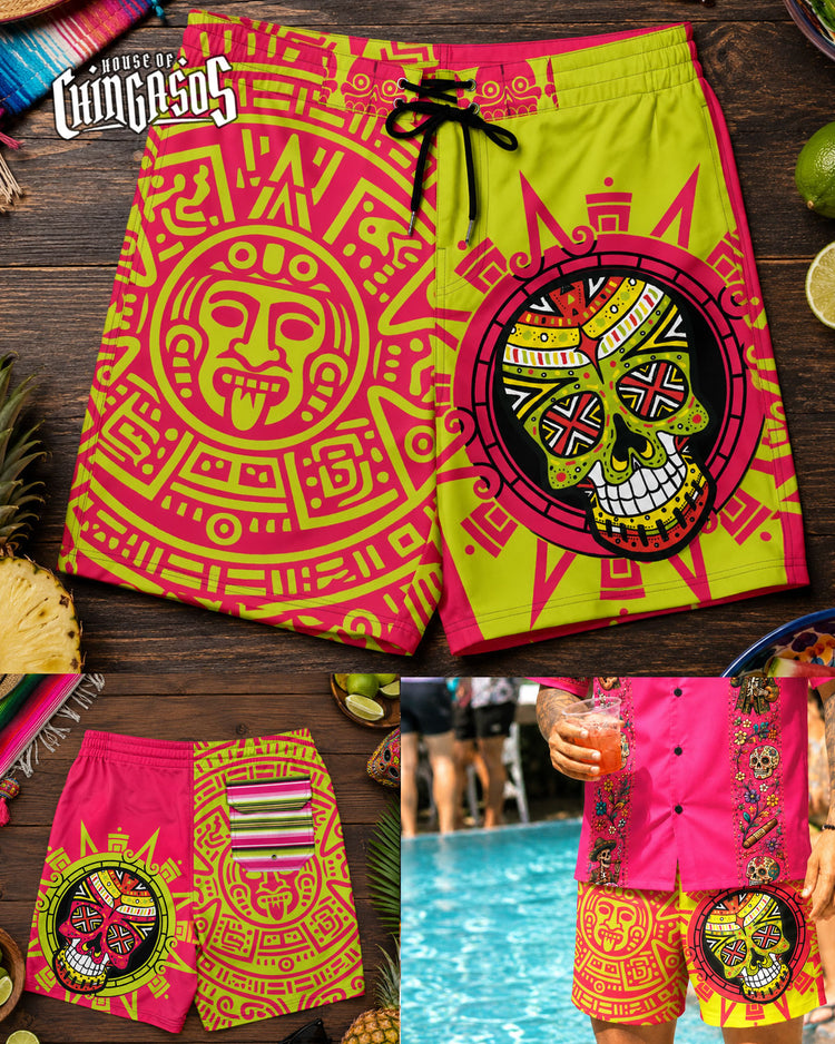 Neon Xiuhpohualli Calaca Board Shorts