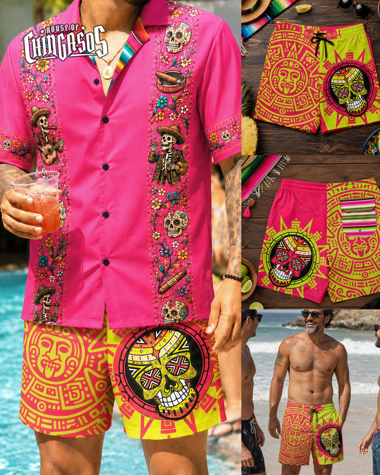 Neon Xiuhpohualli Calaca Board Shorts