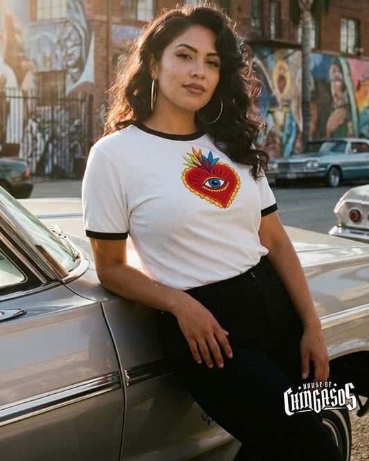 Sagrado Corazón Ringer Tee ( Faux Embroidered Print )