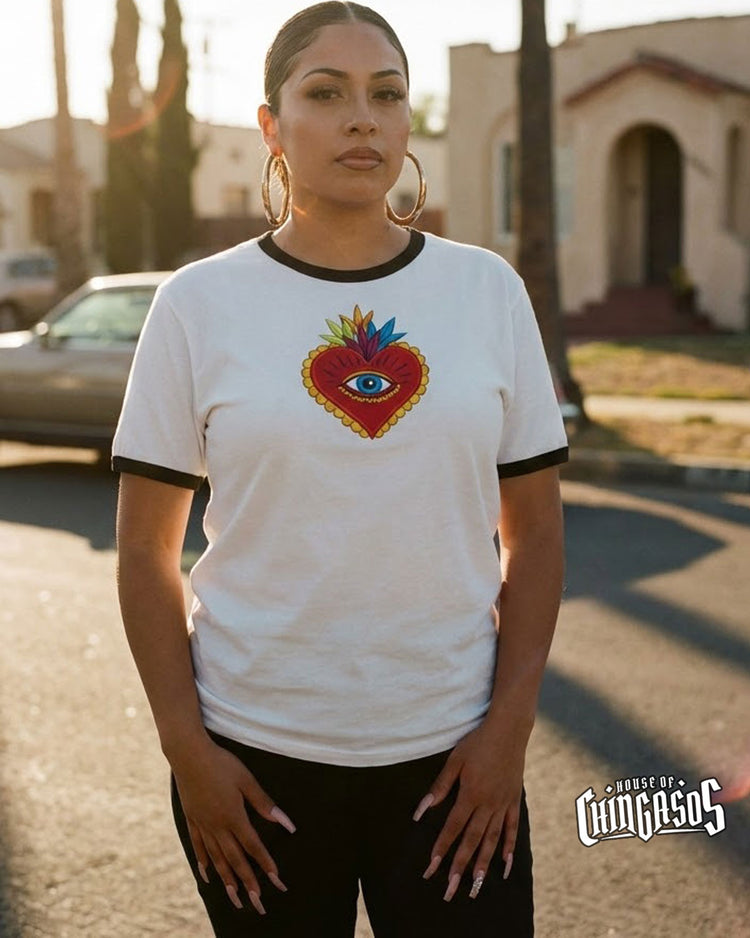 Sagrado Corazón Ringer Tee ( Faux Embroidered Print )