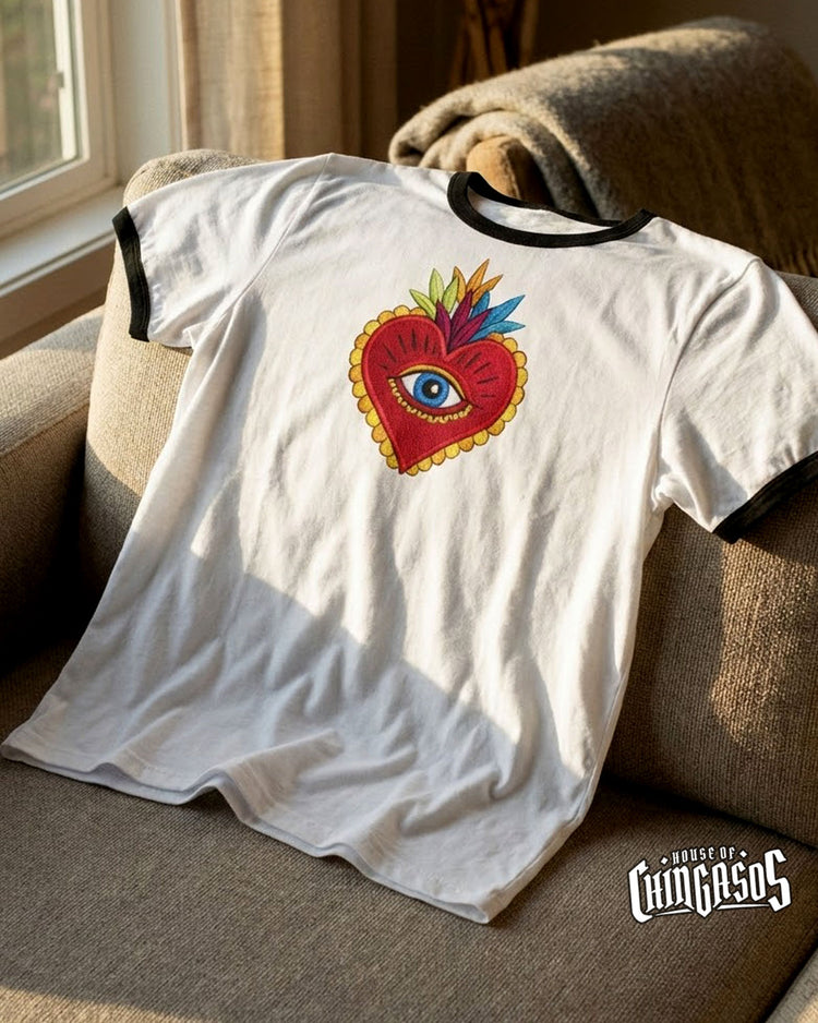 Sagrado Corazón Ringer Tee ( Faux Embroidered Print )