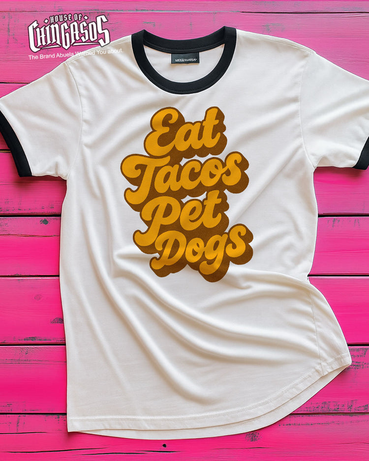 Eat Tacos Pet Dogs 70s Ringer Tee ( Black Trim )