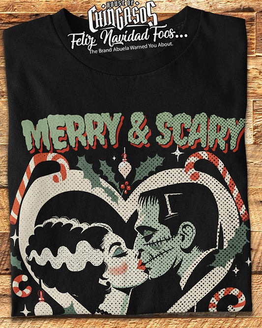 Merry & Scary Frankie & Liz Christmas T-Shirt