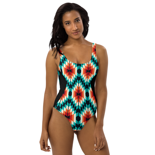 Teal and Orange Summer Azteca Print Ladies Swimsuit